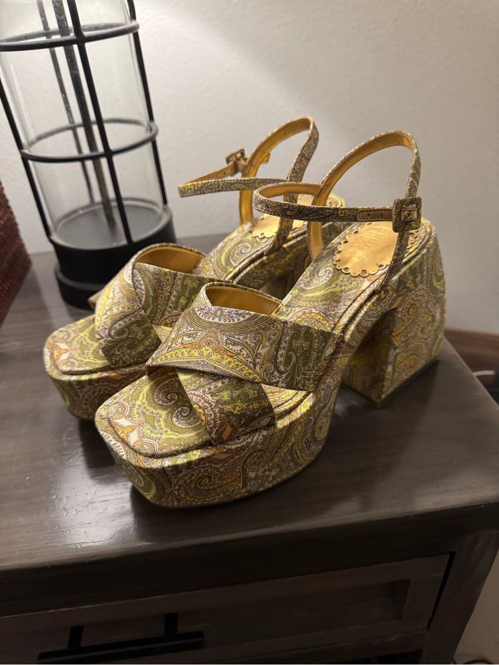 Green Paisley Platform Sandals with Ankle Strap